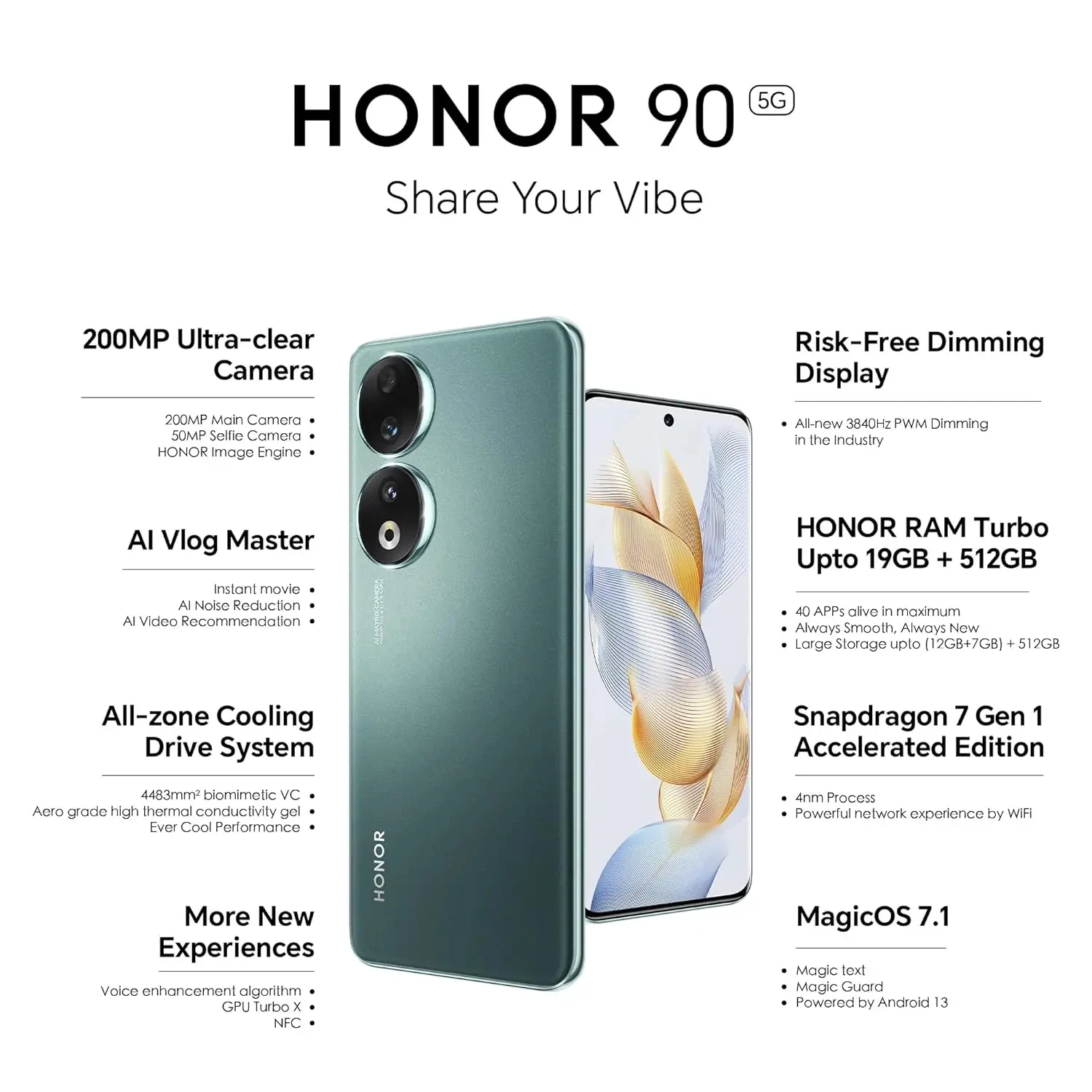 Global-HONOR 90,Smartphone Android 5G Network 6.7 pollici 200MP fotocamera 5000mAh telefoni cellulari 256GB/512GB ROM NFC Google Cell phone