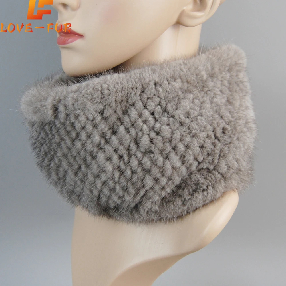 Women Winter Knit Real Mink Fur Scarves Headbands Good Elastic Knitted 100% Natural Mink Fur Scarf Warm Lady Real Fur Ring Shawl