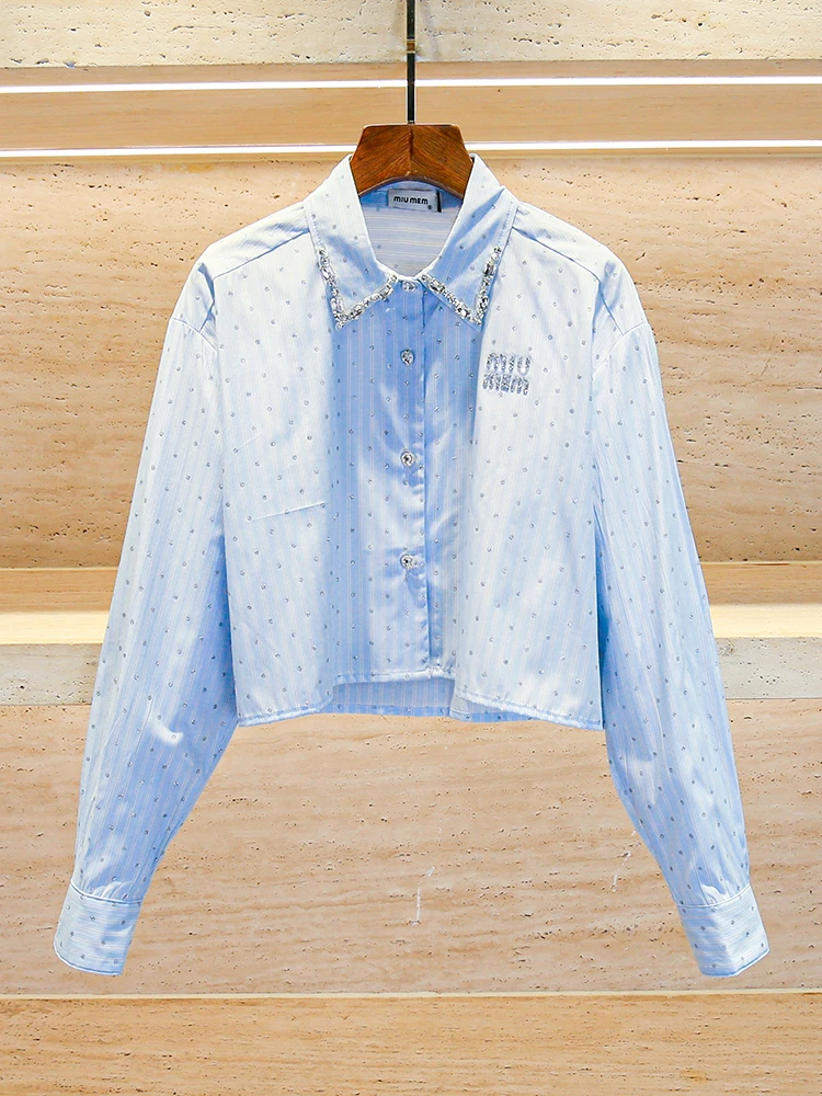 

Элитная женская одежда: осенне-зимняя коллекция, топ с бриллиантовой отделкой и полосками, стиль «колледж», премиум-класс