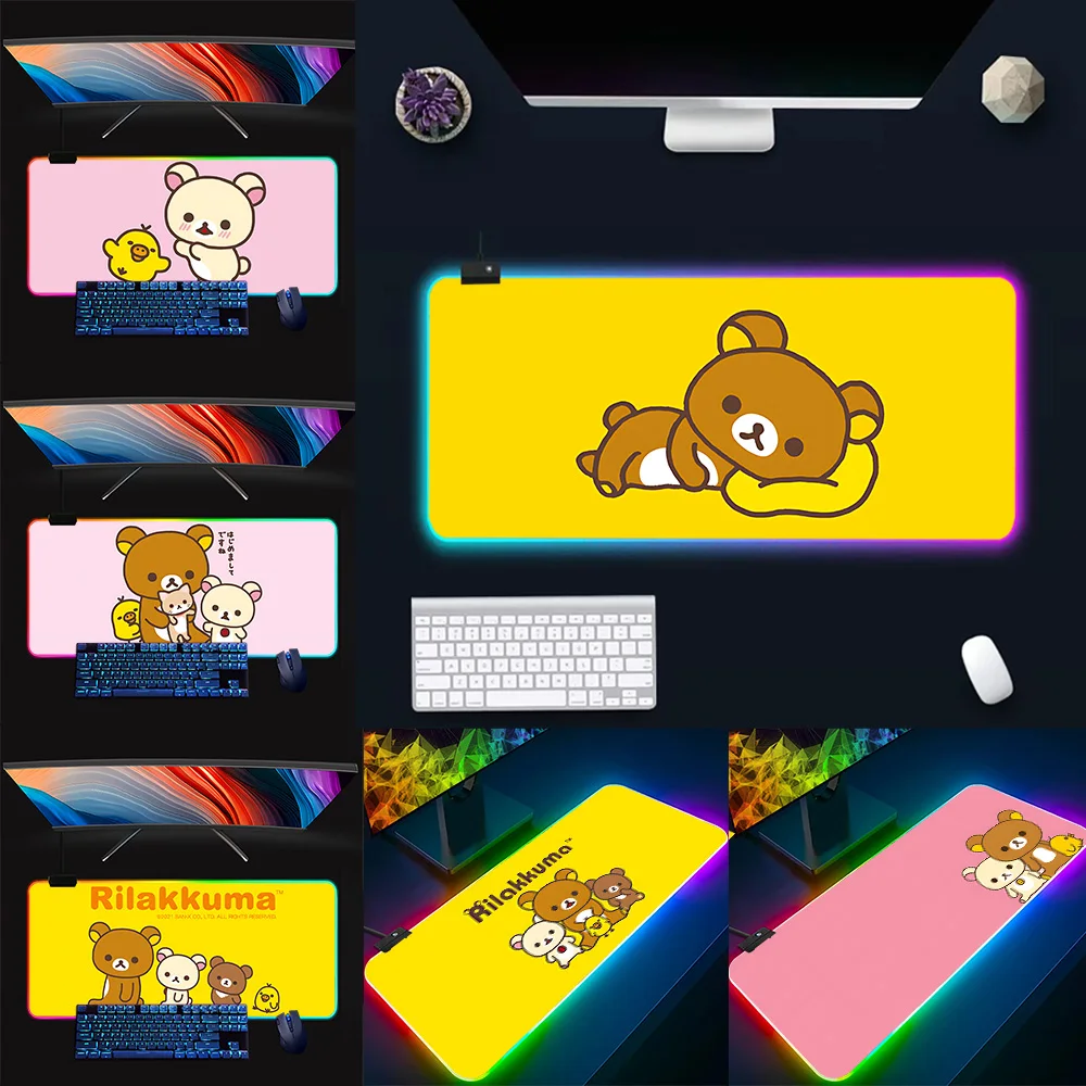 R-Rilakkuma RGB Pc Gamer Keyboard Mouse Pad Mousepad LED Glowing Mouse Mats Rubber Gaming Computer Mausepad