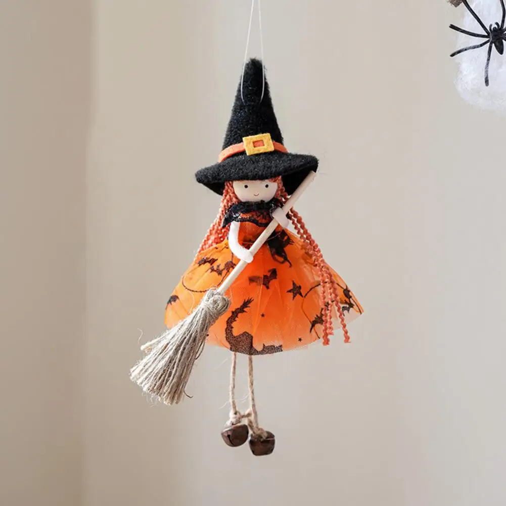 Decoración de bruja caprichosa, decoración de muñeca de bruja de Halloween con falda de gasa de escoba, estatuilla pequeña para puerta de habitación, ventana para Halloween
