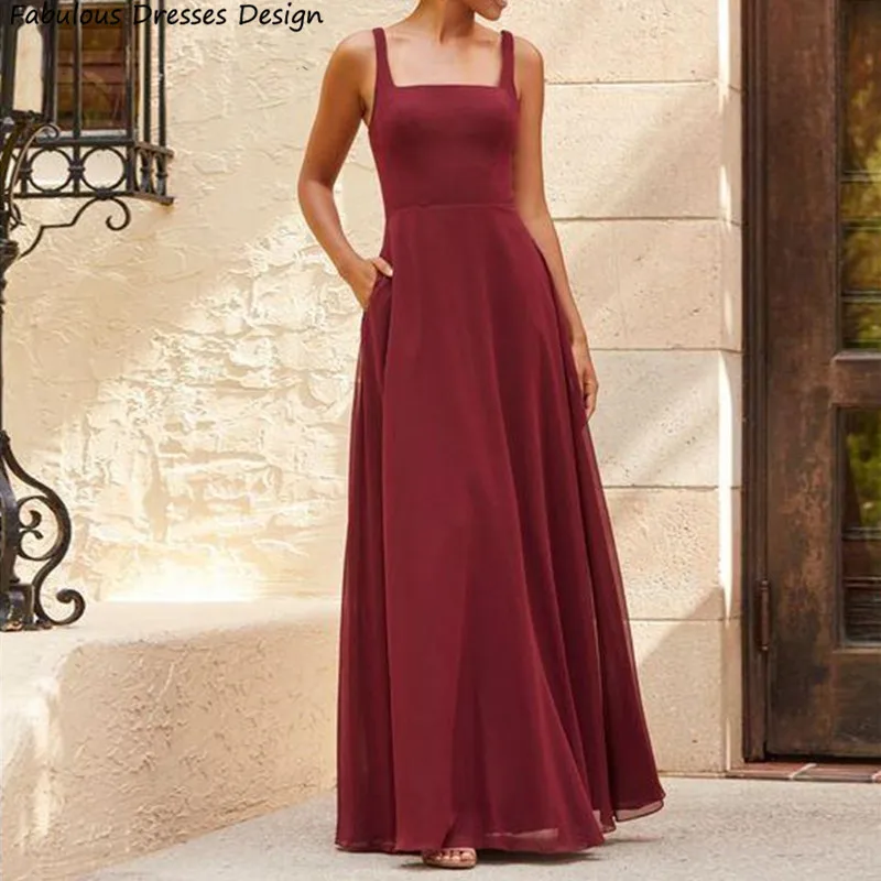 Burgundy Chiffon A-line Long Bridesmaid Dresses Square Collar Backless Pockets Wedding Guests Party Dress For Women Prom Gown