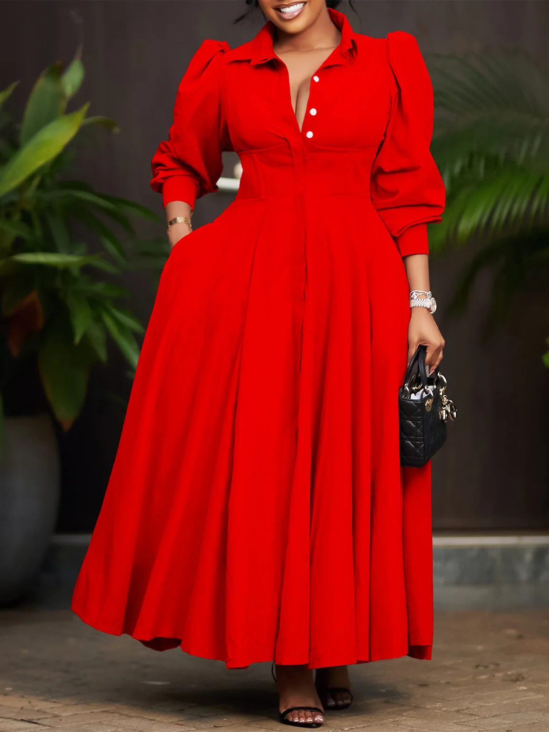 Women's elegant long sleeved shirt with a large hem, luxurious and fashionable solid color, medium to long African dress