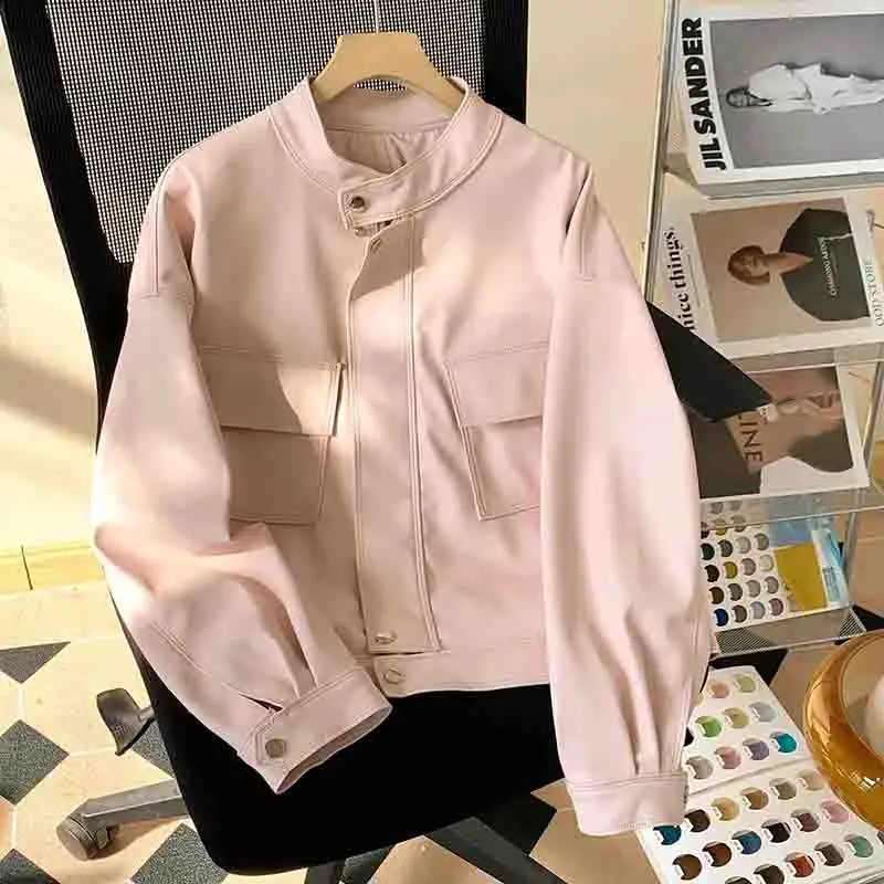 Giacca corta in pelle stile retrò femminile stile americano Cappotto con cerniera giacca in pelle PU per il tempo libero allentata da donna coreana primavera autunno