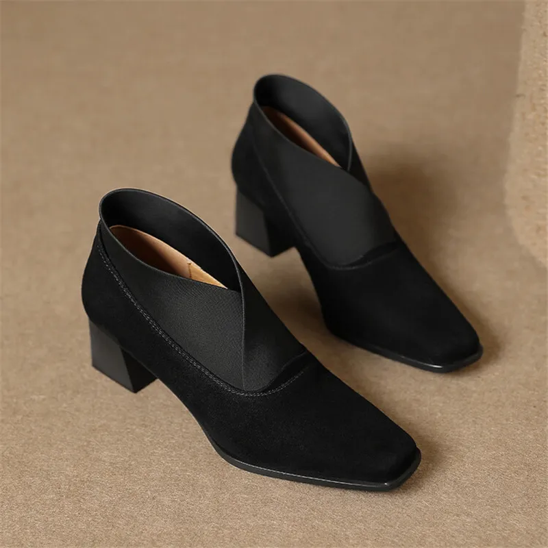 Hot New Spring Sheep Suede Women Shoes Square Toe Women Pumps Shoes for Women Chunky Heels Deep Mouth Loafers Zapatos Mujer