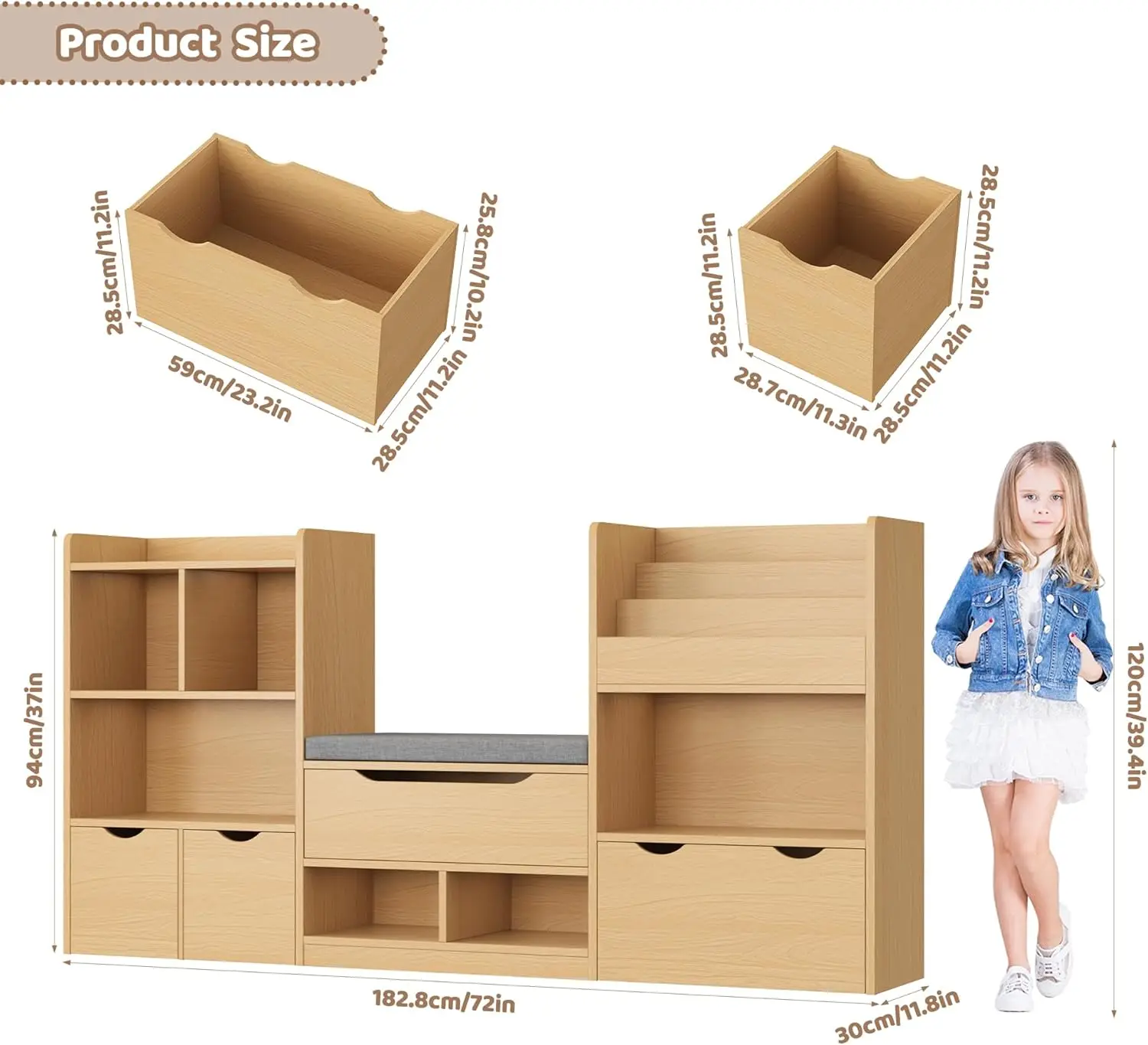 72' 어린이 책장(독서 공간 포함), 장난감 보관함(좌석 쿠션 및 서랍 3개 포함), 내추럴