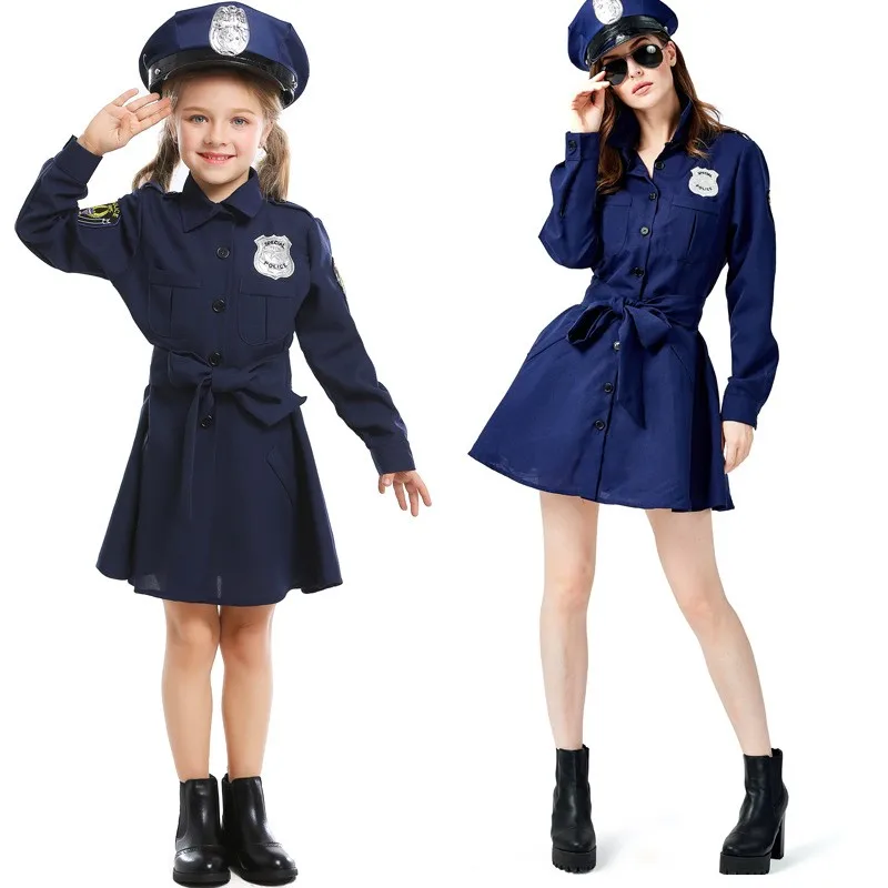 Halloween Police Role Play Costume Parent-child Little Cops Blue Police Officer Uniform Cosplay Girls Carnival Party Fancy Dress