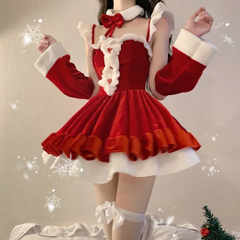 Red Korean Sexy Christmas Set Women Winter Slim Female Clothing Sets New Year 2022 Bow Designer Casual Party Mini Dresses Sets