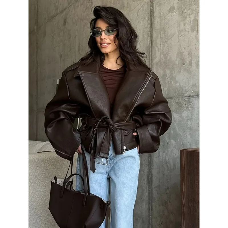 Veste en cuir marron tendance INS pour femme, nouvelle collection, design haut de gamme, col à revers, courte, à lacets, style élégant