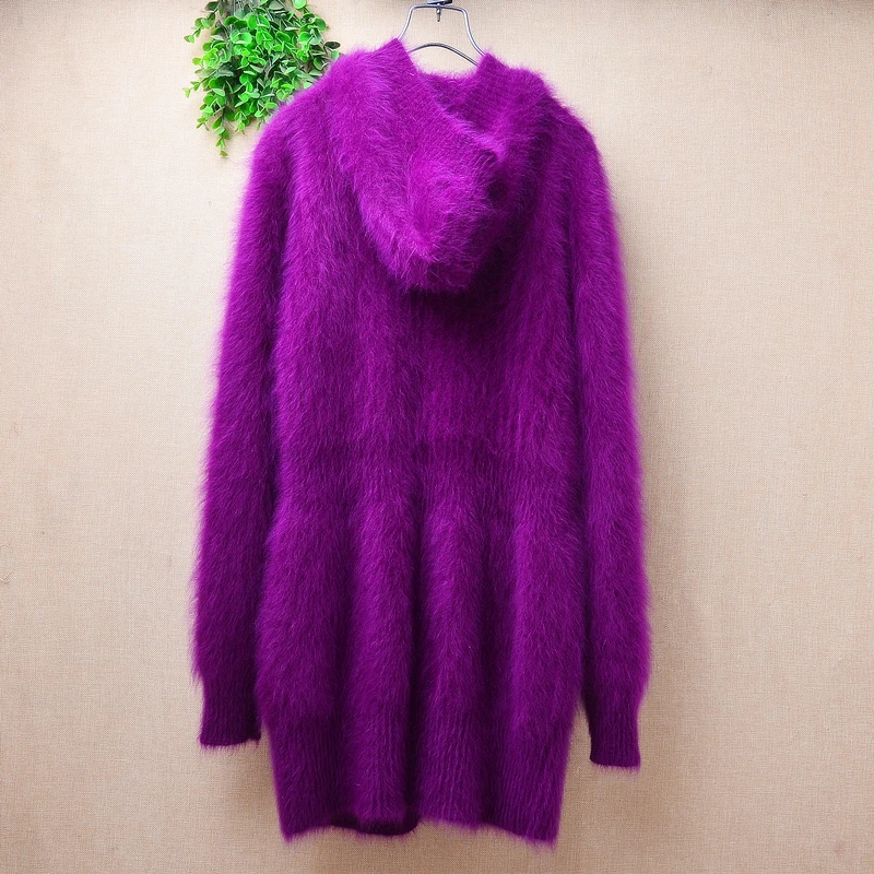 Female Women Fall Winter Purple Hairy Mink Cashmere Knitted Hooded Long Sleeves Slim Cardigans Angora Fur Sweater Jacket Sweater