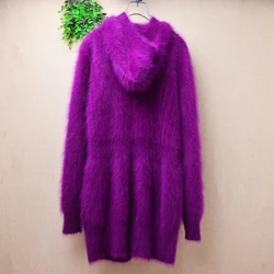 Female Women Fall Winter Purple Hairy Mink Cashmere Knitted Hooded Long Sleeves Slim Cardigans Angora Fur Sweater Jacket Sweater