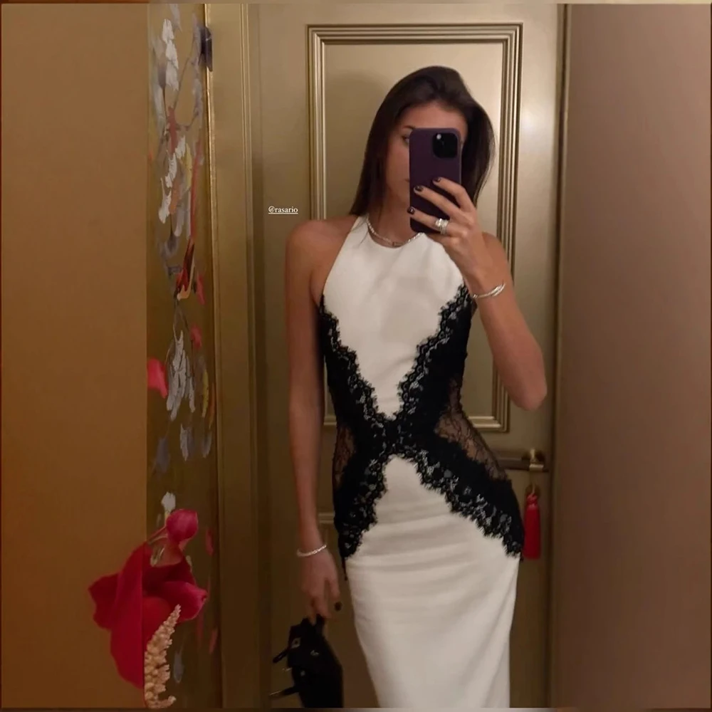 

White Women Dresses Sexy Halterneck Panelled Maxi Backless Gowns Chic Socialite-style Slim Black Lace Sleeveless Dresses