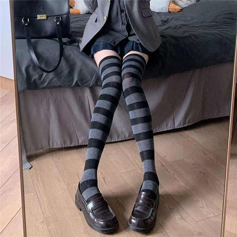 Color Striped Stockings Japanese Over Knee Socks Sexy Slim Long Soks Black White Striped Hosiery Thigh High Stockings Knee