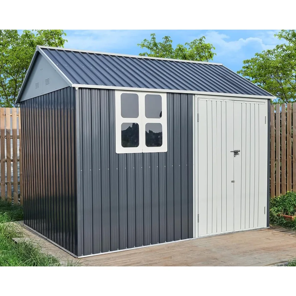 

10x8x8 FT Nordic Cottage Storage Shed, 4-pane Windows Metal Garden House Double hinged Lockable Door, Dark Grey/White