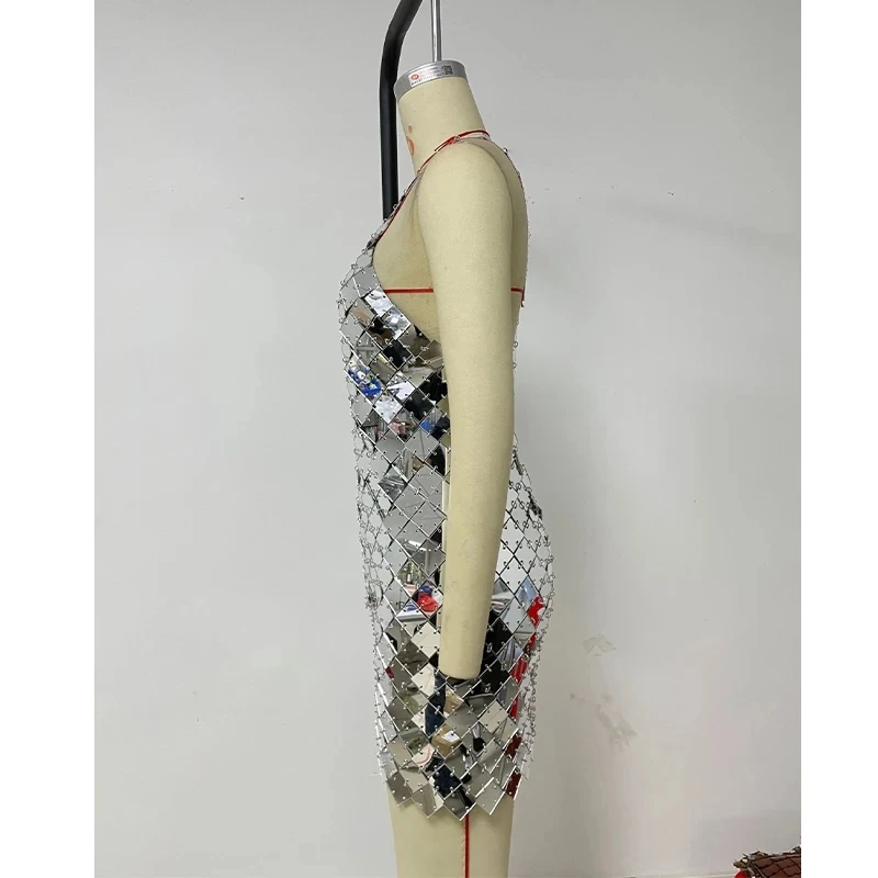 Gouden rok dames zilver sexy mouwloze backless halter mini-jurk voor avondfeest vierkante schijf maliënkolder Halloween