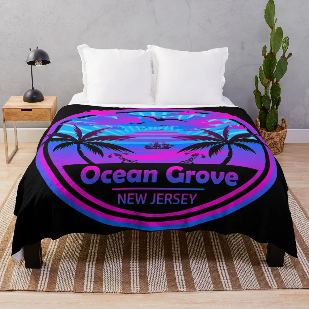 Ocean Grove Beach, New Jersey, Tropical Palm Trees Sunset Throw Blanket Fashion Sofas for sofa Blankets