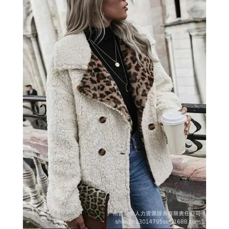 Women Warm Fleece Coat Jacket Autumn Winter Vintage Fashion Long Sleeve Lapel Collar Leopard Patchwork Plush Outwear