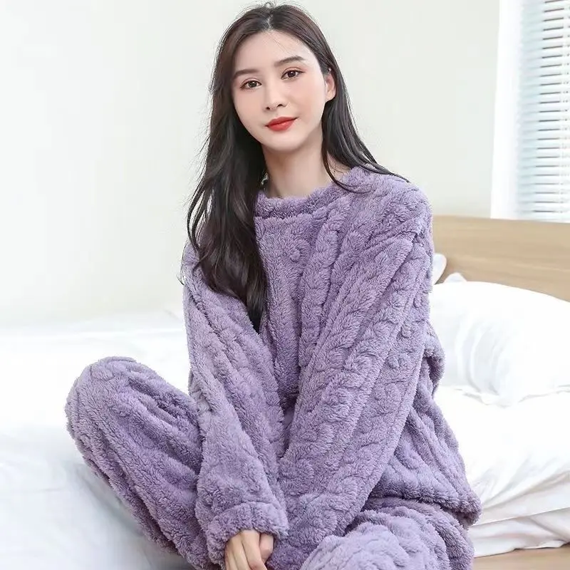 Autumn Winter Sleepwear Warm Pajamas Women's Pajamas Set Thick Flannel Solid Color Coral Fleece Homewear Long Sleeve Trouser