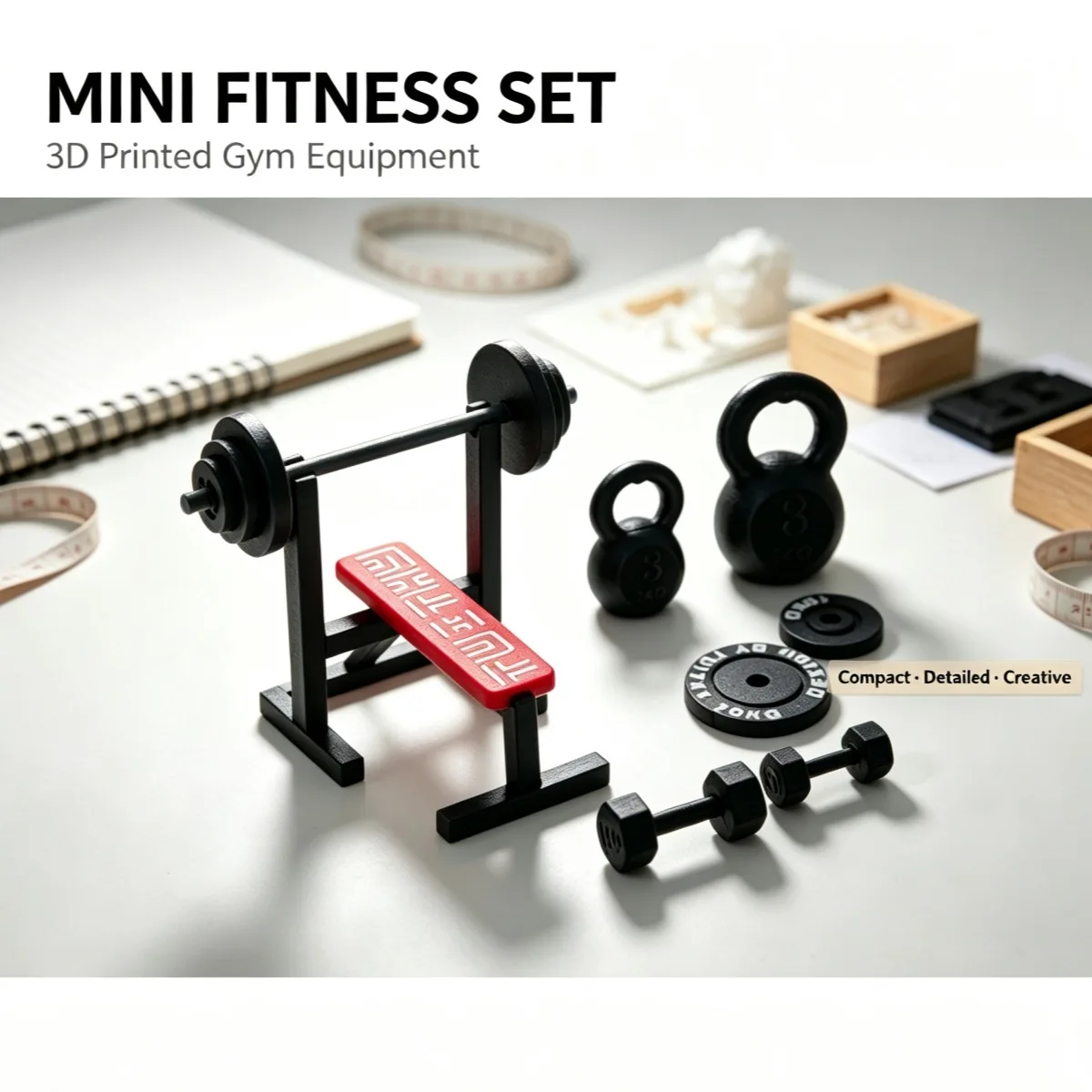 Dollhouse Mini Gym Equipment Set, 3D Printed Weight Bench Dumbbell Kettlebell Model, Micro Scene Decor Accessory