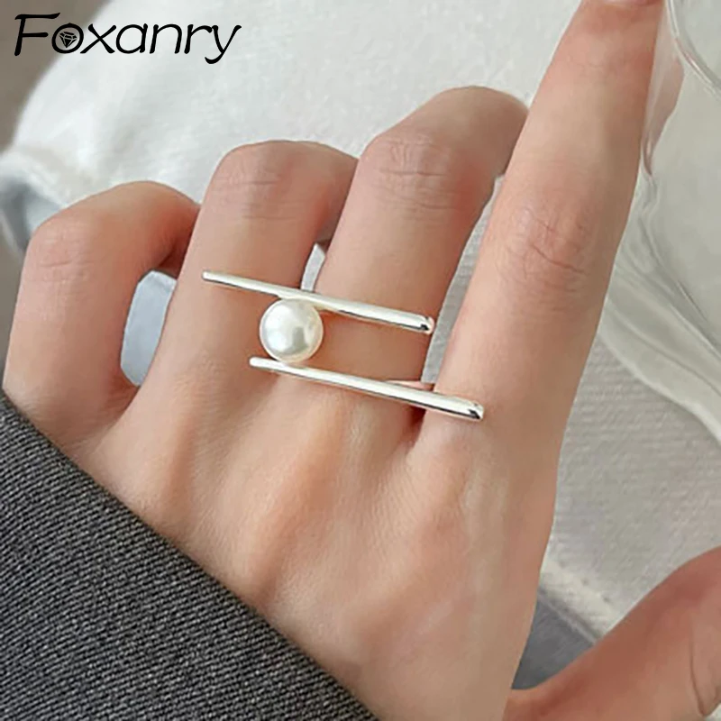 Foxanry New Fashion Silver Color Pearl Rings for Women Couples Creative Simple Geometric Handmade Birthday Party Jewelry Gifts