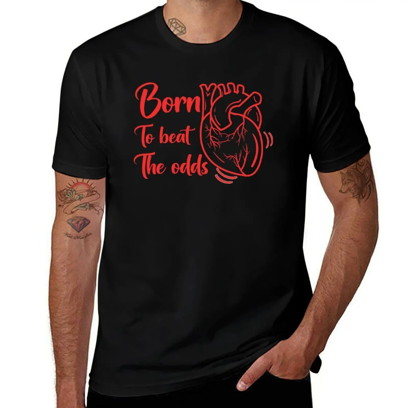 Heart Disease Awareness Quote: Born To Beat The Odds T-Shirt Large Size Casual Tee Shirt T-Shirt
