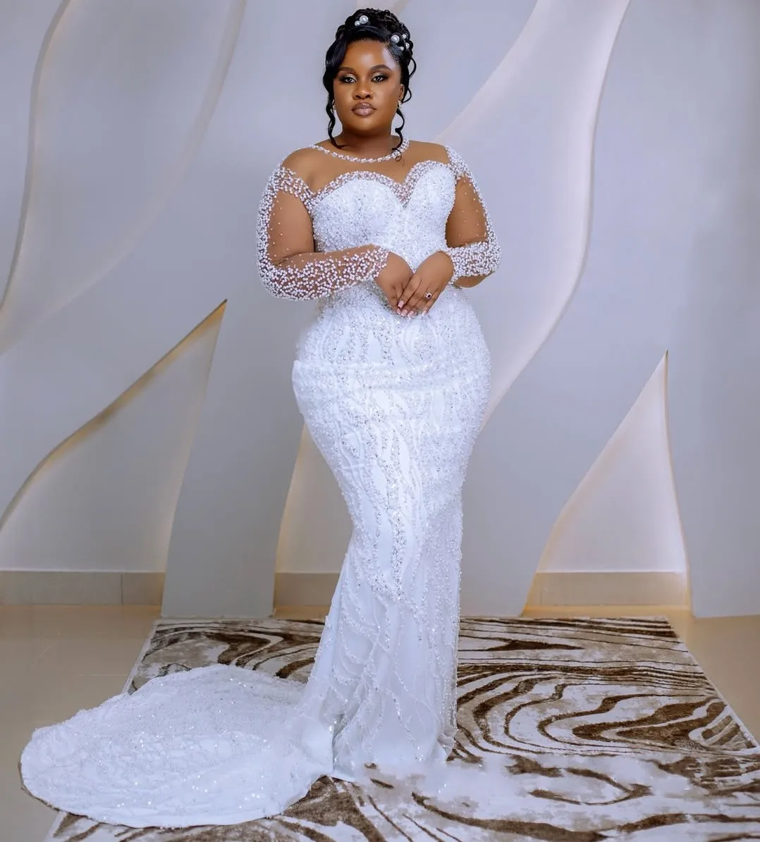 

Modern African Mermaid Wedding Dress Sheer Neck Sequined Beaded Long Sleeves Bridal Bride Gowns Vestidos De Novias
