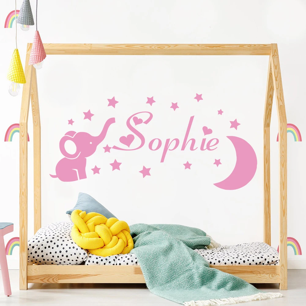 1 pc The moon, stars, and elephants snuggle up to each other customize name Wall Stickers Decorative Sticker Home Decor