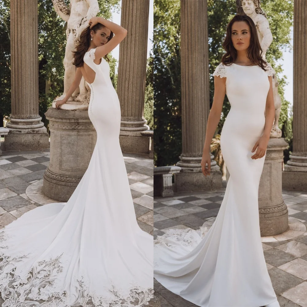 カスタマイズされたエレガントなホワイトジャージのウェディングドレス高品質スクープ半袖 Vestido デノビア気質マーメイドブライダルドレス