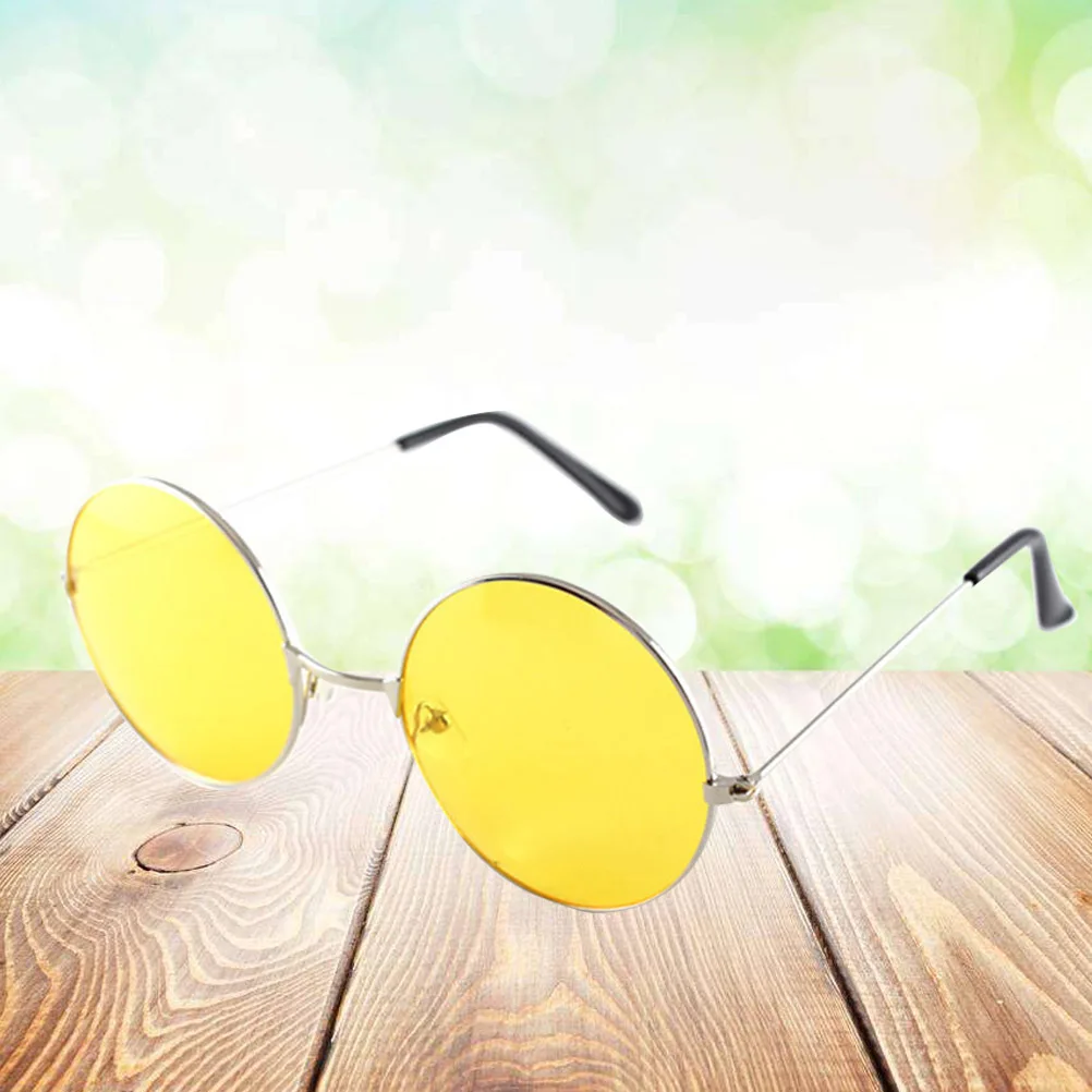 

2Pcs Circle Glasses Uv-Proof Retro Fashion Lightweight Non-Slip Nose Pads Outdoor Sun Protection Silver Frame Yellow Lens