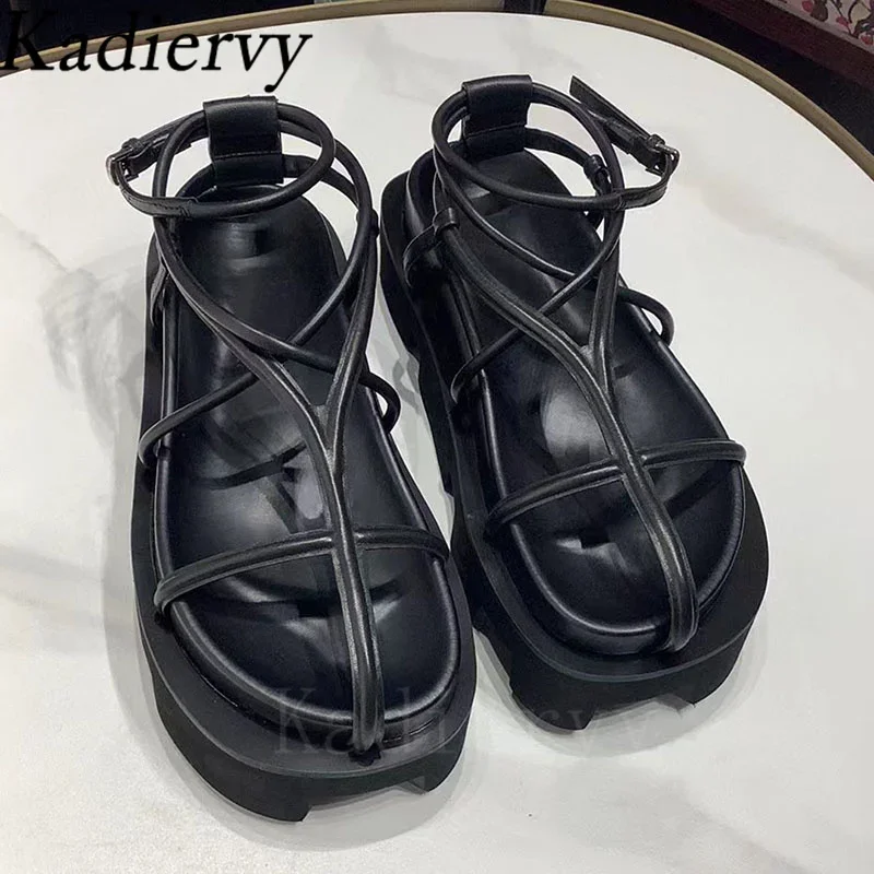 Plateaus andalen Frauen schwarze Strands chuhe echtes Leder schmales Band Sommer römische Sandalen Frau dicke Sohle Sandal ias Mujer