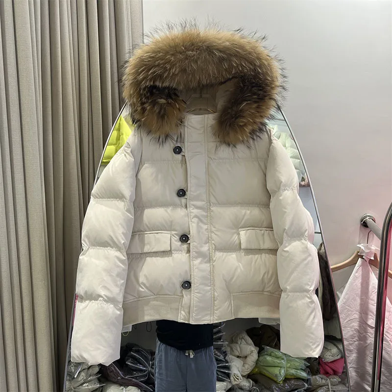 

2023 Large Natural Raccoon Fur Hooded Winter Puffer Jacket 90 White Duck Down Coat Women Fluffy Waterproof Snow Parka