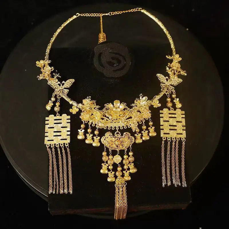 

New Chinese Style Flower Tassel Golden Necklace Chinese Wedding Bridal Necklace Woman Hanfu Accessories High Quality