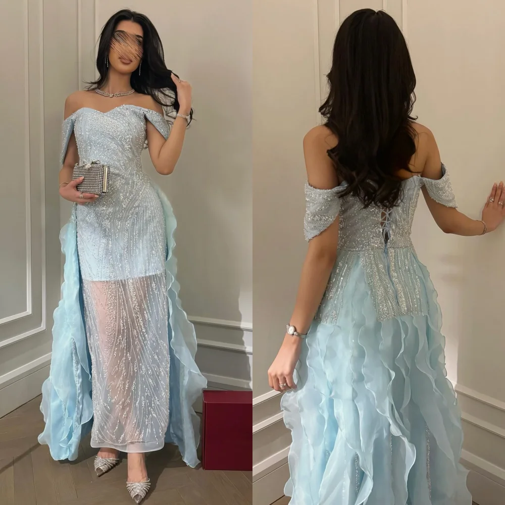 

Customized Elegant Organza Pleat Pattern Straight Off-the-shoulder Midi Dresses Bespoke Occasion Evening Fashion