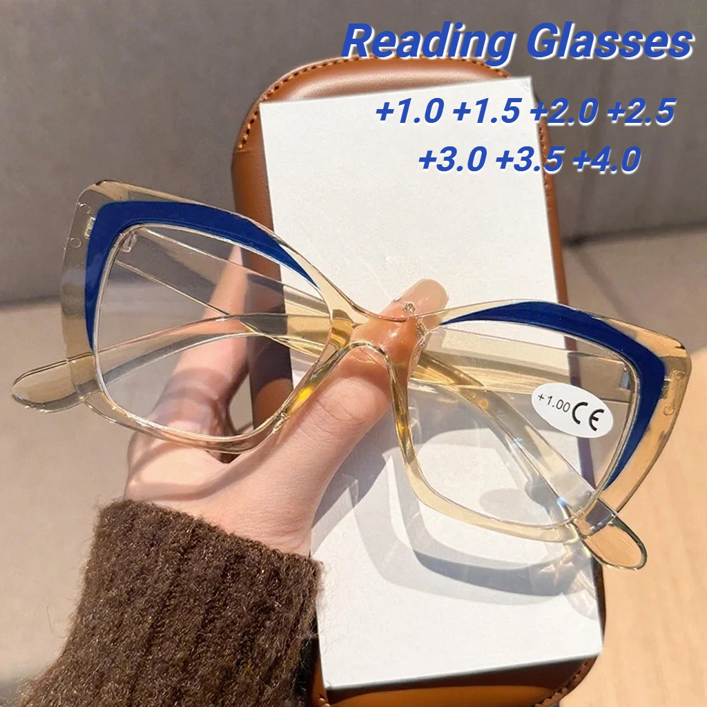 

2025 New Fashionable Cat Eye Large Frame Women's Presbyopia Glasses Retro Neutral Color Blocked Anti Blue Light Glasses