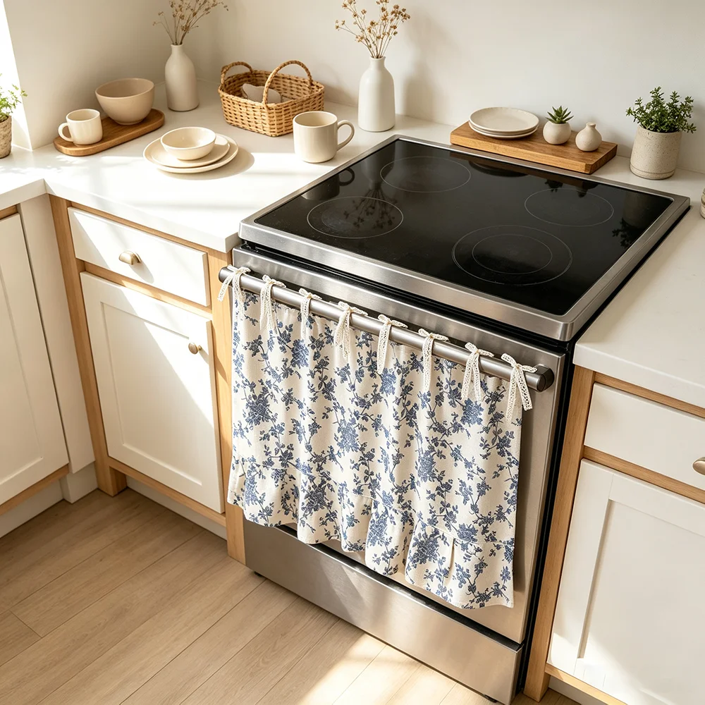 1pc Dishwasher Cover Curtain Polyester Blue Floral Print Lace Tie Ruffle Hem Dustproof Hide Machine Surface Kitchen Home Decor