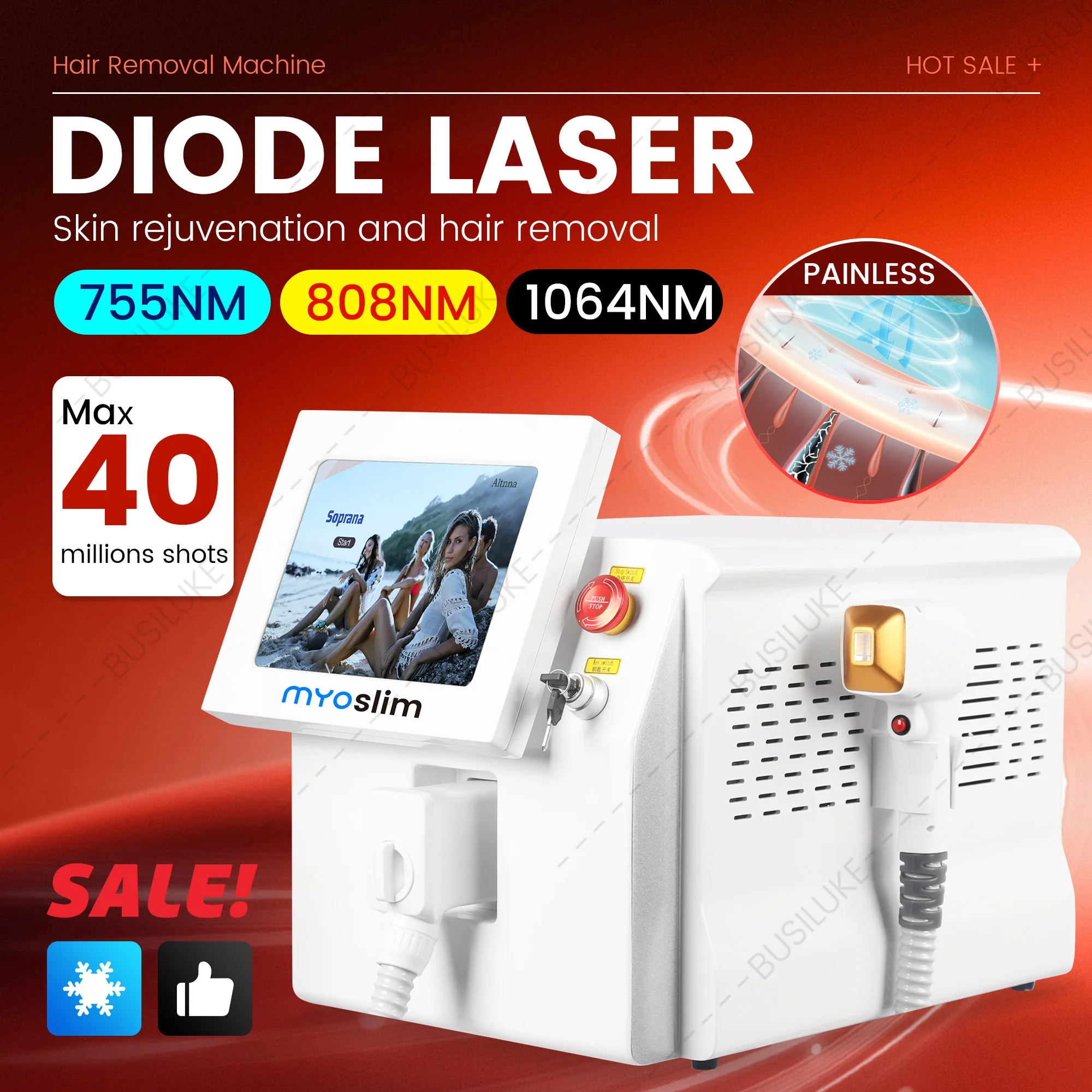 

Лазерный диодный аппарат для удаления волос 4000 Вт 808 нм Александрит с охлаждающей насадкой Ice Platinum для тела, лица и подмышек, безболезненный эпилятор для постоянного удаления волос