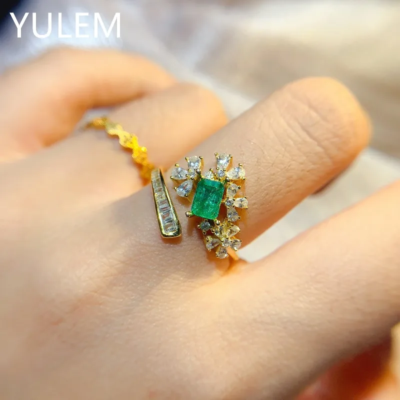 YULEM 4x6mm Natural Rectangle Emerald for Women Daily Wear Silver 925 Fine Jewelry Ring Gift
