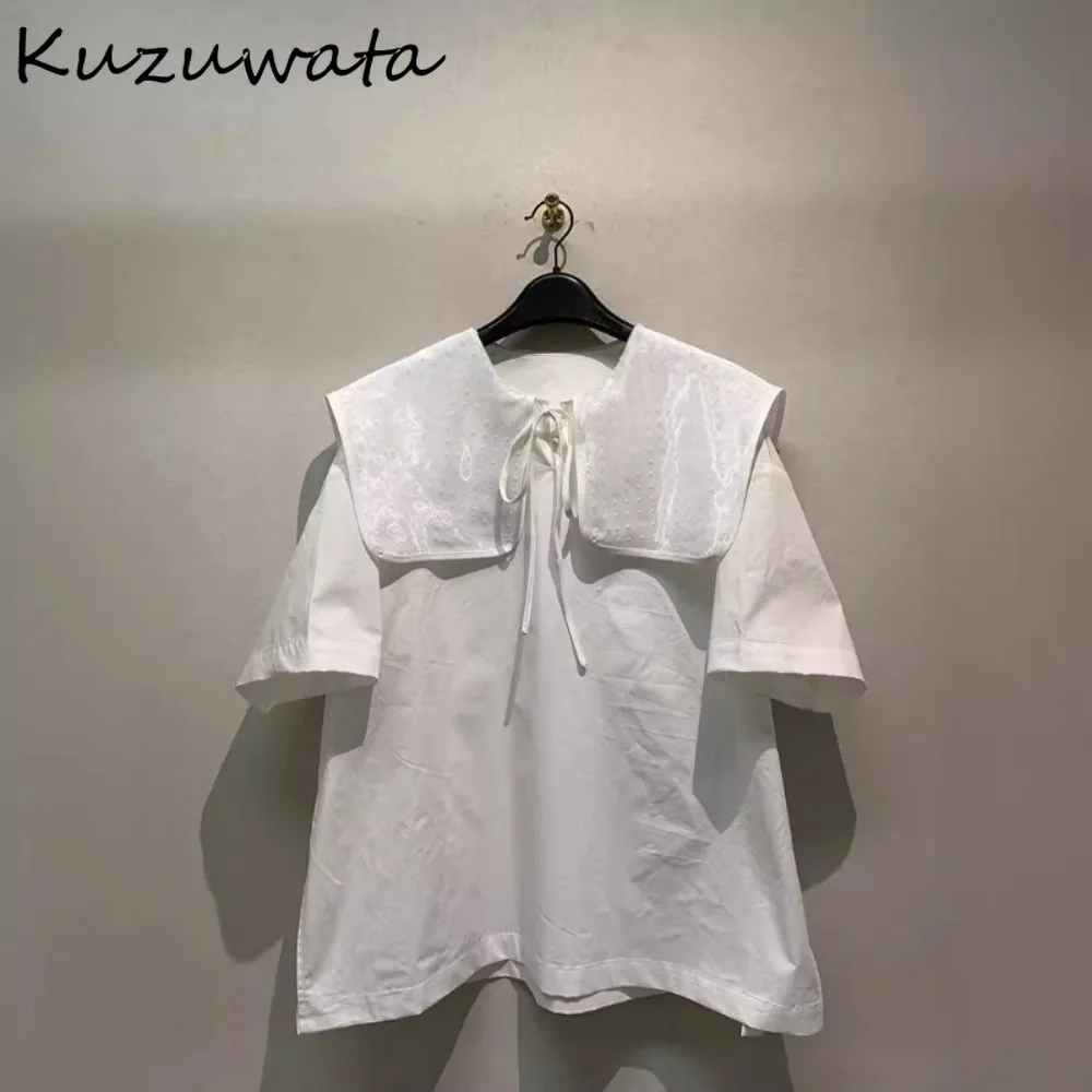 

Kuzuwata Vintage Court Literary Hot Sell Crop Top French Style Half Sleeve Square Collar Shirt Japan Loose Slim Lace Up Blouses