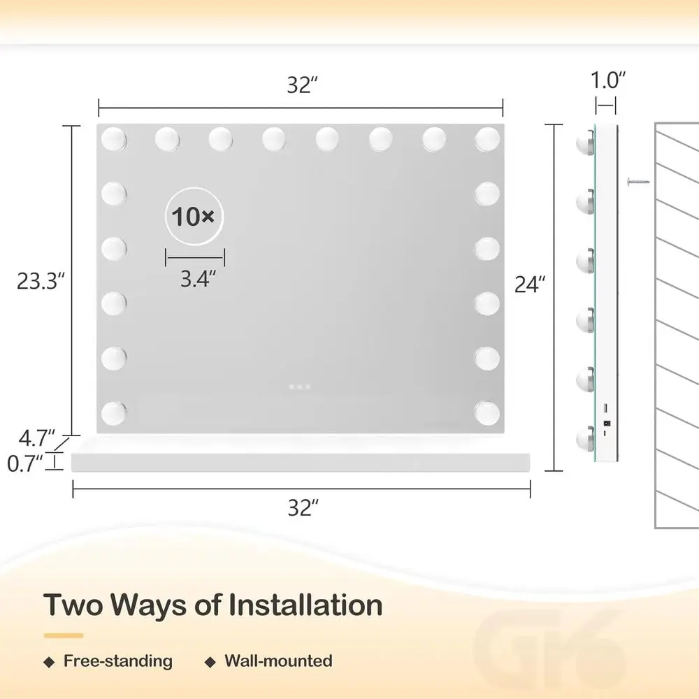 32 x 24 LED照明付きバニティミラー、18個の調整可能な電球、3つのカラーモード、タッチコントロール、メタルフレーム
