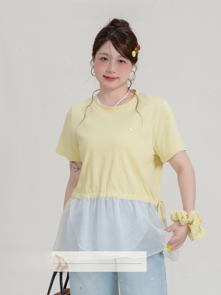 

Heynew женская футболка больших размеров с кружевной вставкой и бантом, летняя балетная футболка Sle ort Sve, искусственный двухсекционный топ из смеси хлопка