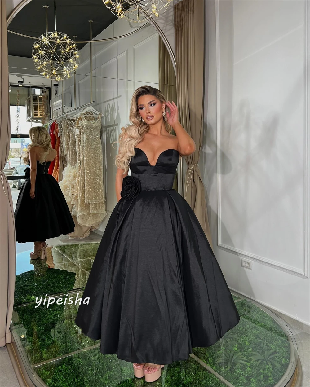 Jersey Flower Ruched Wedding Party A-line Sweetheart Bespoke Occasion Gown Midi Dresses