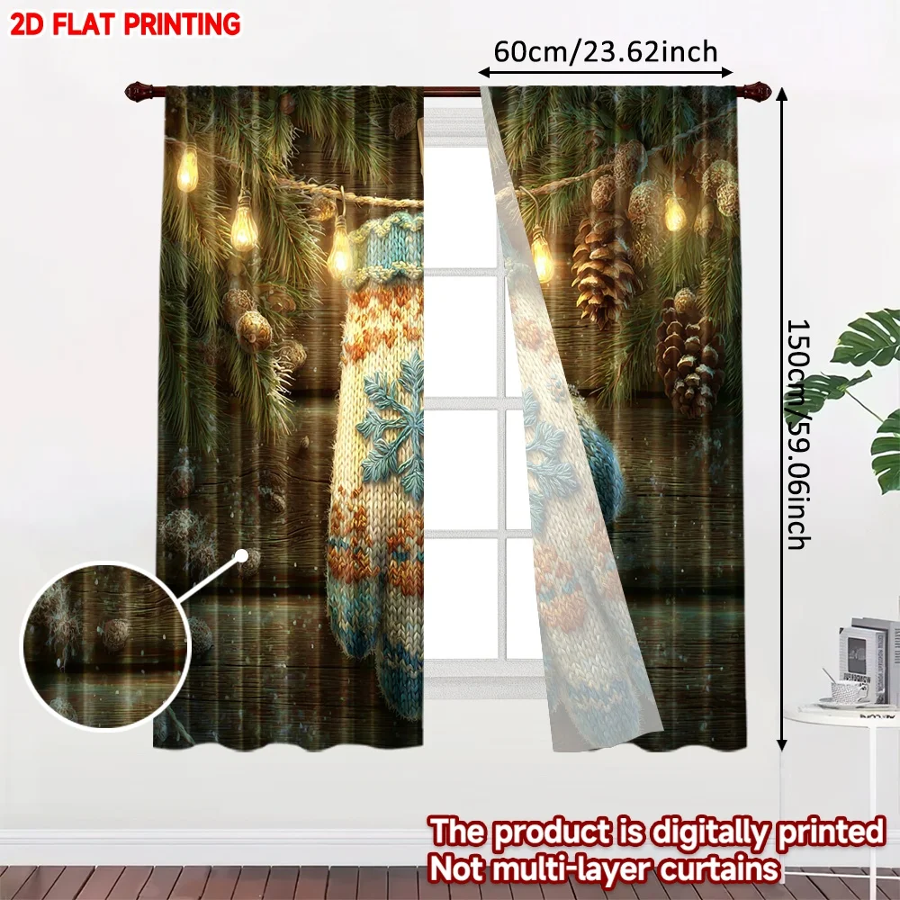 2pcs Knit Gloves Winter Curtains 2D Flat Digital Printing, Cozy Pine Cones Branches with Warm Lights for Christmas Bedroom Decor