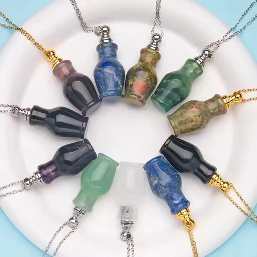 natural crystal Vase gourd perfume bottle pendant Necklace Aromatherapy Oil with Natural Stone Made from Jade Unique Jewelry