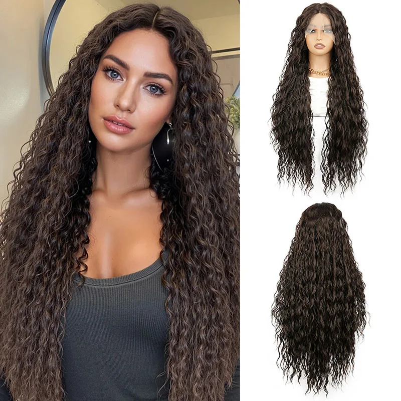 باروكة دانتيل أمامية مموجة باللون البني البارد، باروكة طويلة عالية الجودة بطول 36 بوصة، مناسبة للحياة اليومية النسائية والحفلات التنكرية وما إلى ذلك