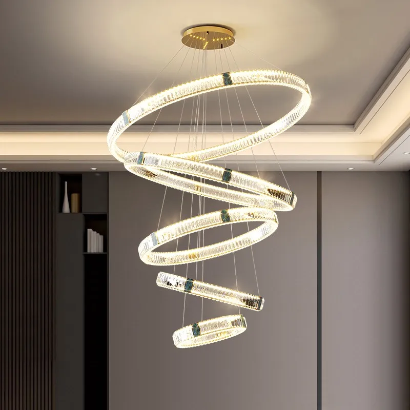 

MZISOSOD for Modern Crystal 5 Rings Pendant Lamp Circle Villa Lighting Luxury Living Room Simple Duplex Ceiling Hanging Light
