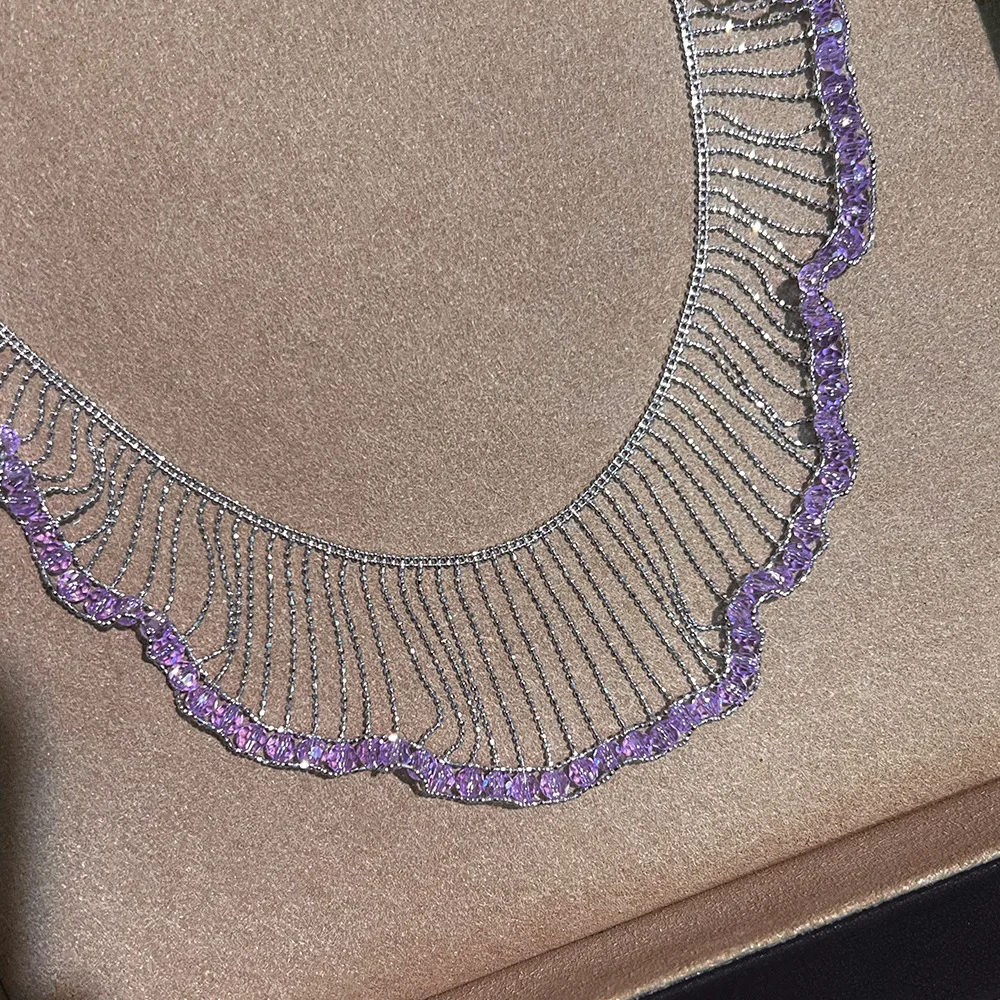 AETEEY S925 Sterling Silver Thick Gold Plated Lace Crystal Waterfall Necklace Light Luxury Women Clavicle Chain