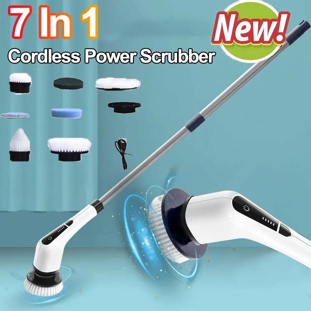 Cordless Power Scrubber 7 In 1 Multipurpose Electric Spin Cleaner with 8 Replacement Brush Heads Rotatable for Bathroom Tub Tile