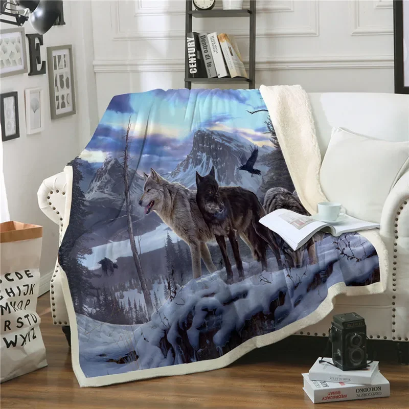 Wolf Print Wool Throw Blanket Keep Warm Winter Bed Blankets Stitch Double Sided Duvet Cover Camping Double Bed Cover Bedspread