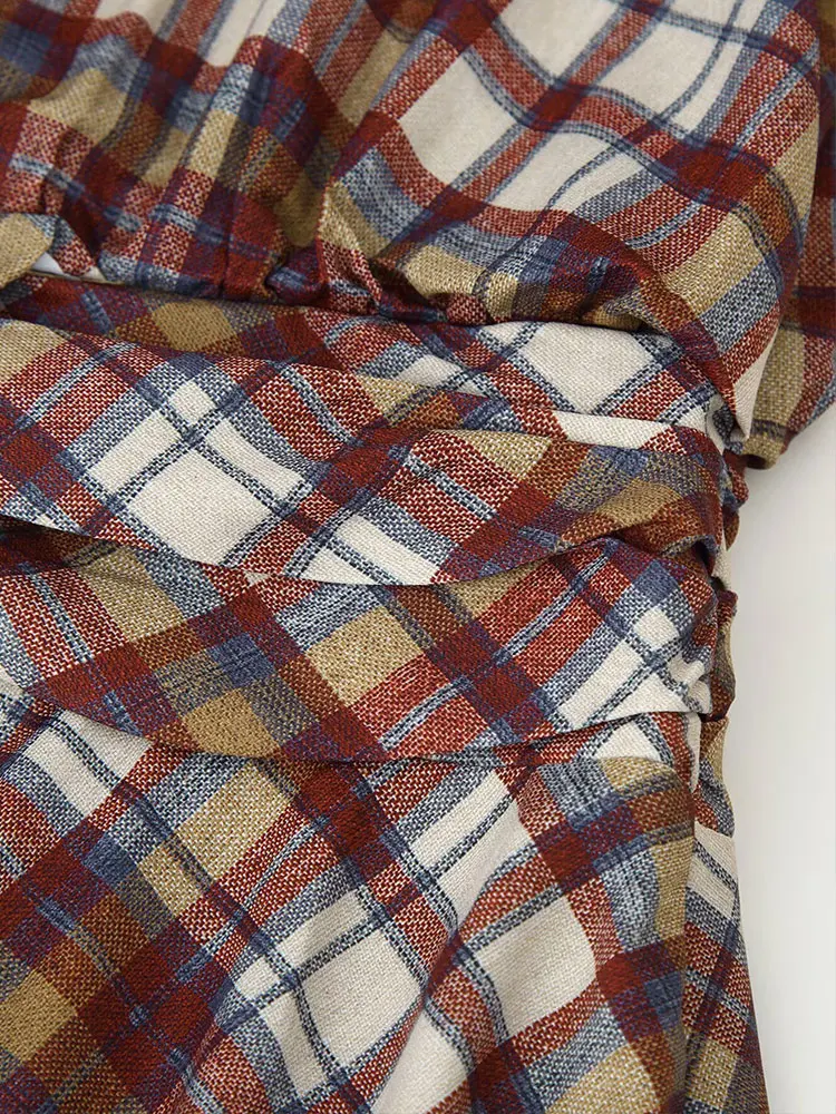 Nlzgmsj 2025 가을 여성 시크 엘레강트 체크무늬 드레스 긴 소매 O넥 주름 슬림 미니 드레스 Y2K