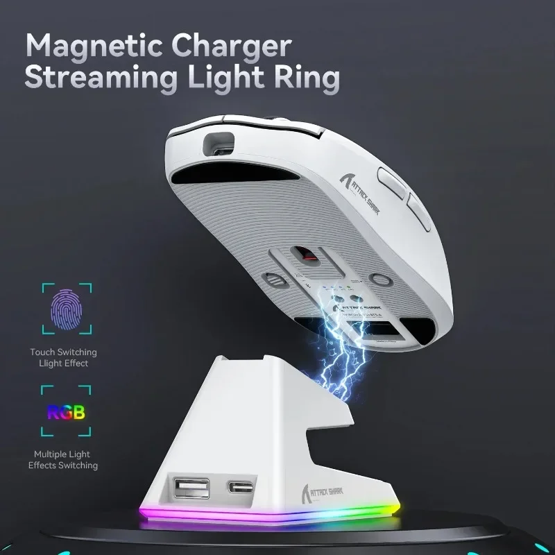 Imagem -03 - Ataque Tubarão Mouse Bluetooth sem Fio Tri-modo Leve Base Rgb de Carregamento Office Gaming Mouse X11 Paw3311 2.4g